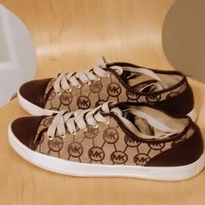 Michael Kors Brown and White Sneakers with Monogram Design